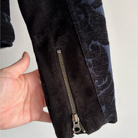 Geisha Denim Damask Moto Jacket Size S Blue Black Belted Biker Jacket - Picture 10 of 10